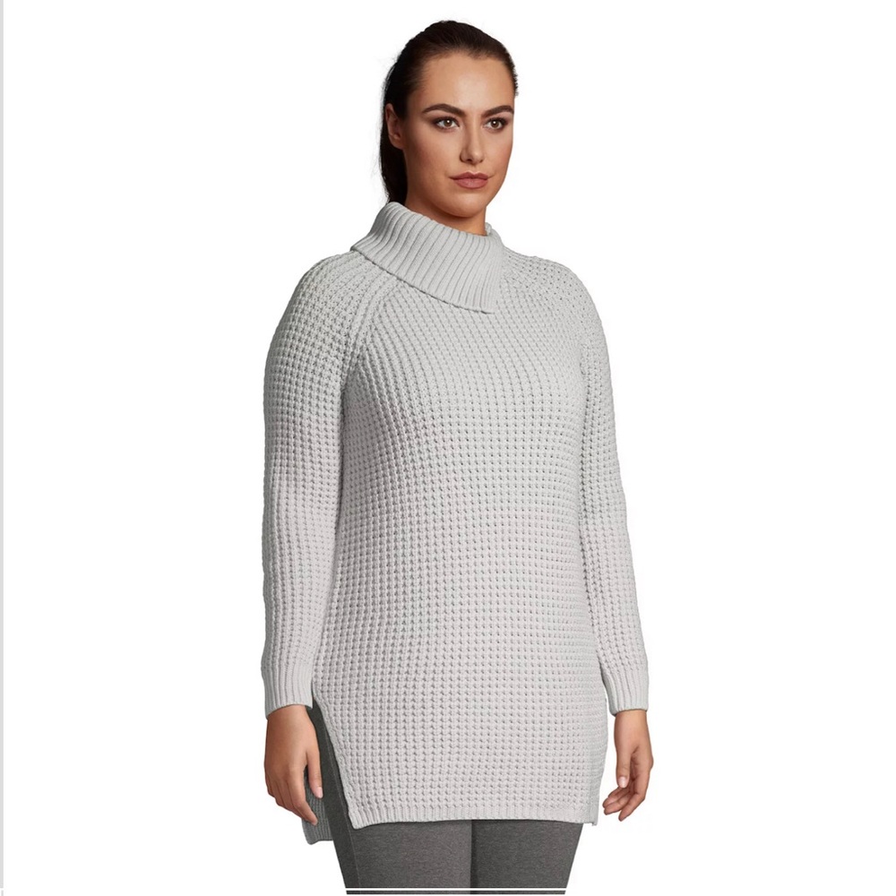 Lands End Chunky Waffle Knit Split Neck Pullover Tunic Sweater Women’s Size M